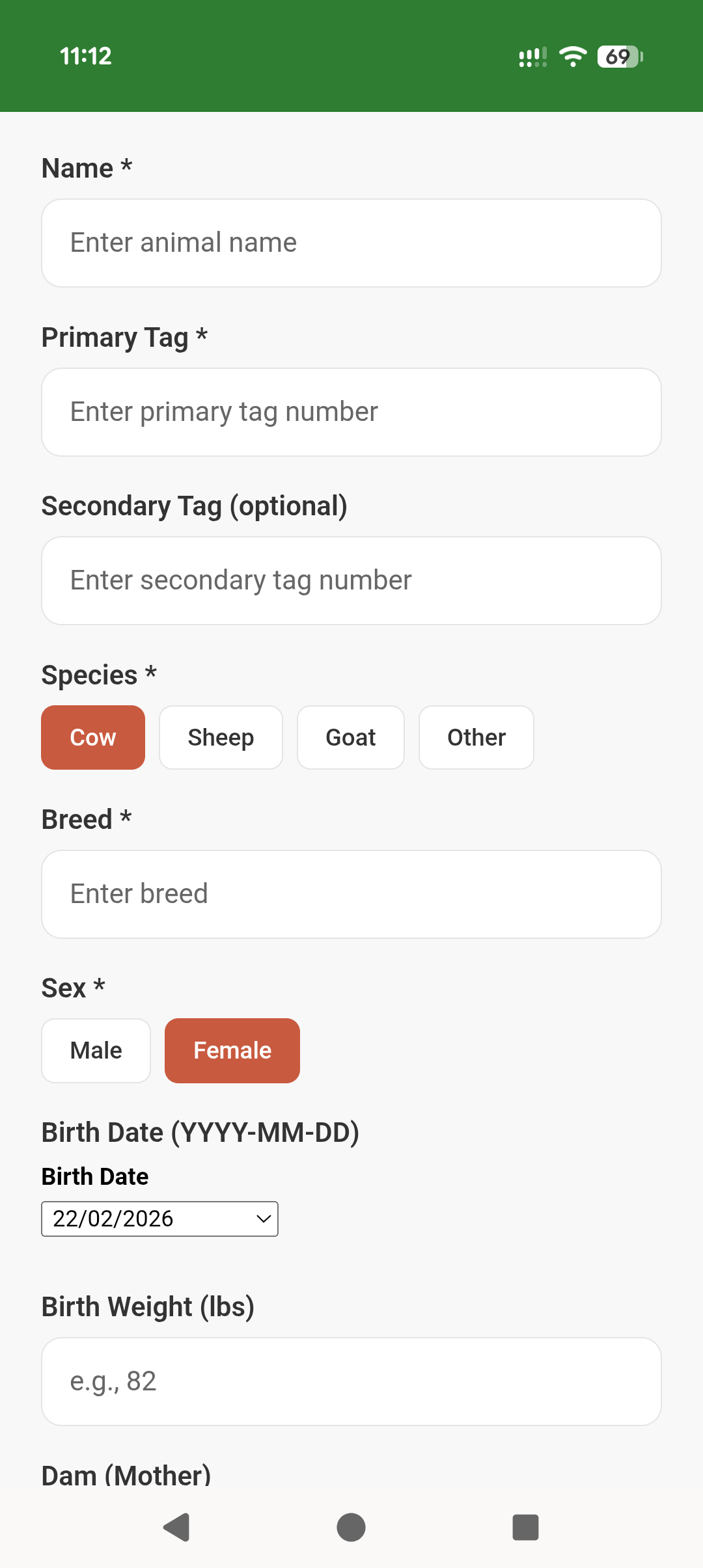 Add animal form showing tags and species selection